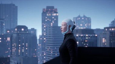 Binaların çatısındaki kadın insansı robot büyük gece şehrine bakıyor. gelecek teknoloji konsepti.