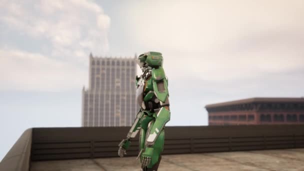 Robot Dachu Wieżowca Patrzący Metropolię Animacja Koncepcja Przyszłości — Wideo stockowe