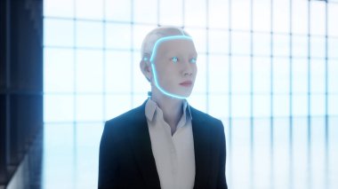 Boş ofiste kalan ve pencereden büyük şehre bakan bir insansı robot. gelecek teknoloji konsepti.