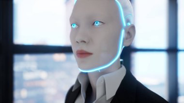 Boş ofiste kalan ve pencereden büyük şehre bakan bir insansı robot. gelecek teknoloji konsepti.