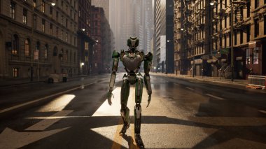 Büyük bir şehirde ıssız bir caddede yürüyen bir robot. İnsansı yapay zeka robot caddeyi geçiyor. 3D animasyon. gelecekteki otomasyon işi