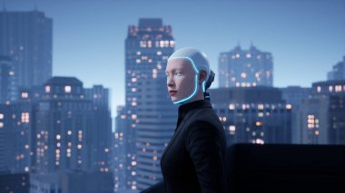 Binaların çatısındaki kadın insansı robot büyük gece şehrine bakıyor. gelecek teknoloji konsepti.