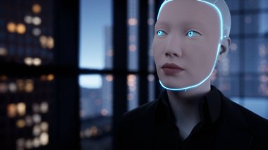 Boş ofiste kalan ve büyük gece şehrinin penceresinden dışarı bakan bir insansı robot. gelecek teknoloji konsepti.