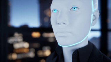 Boş ofiste kalan ve büyük gece şehrinin penceresinden dışarı bakan bir insansı robot. gelecek teknoloji konsepti.
