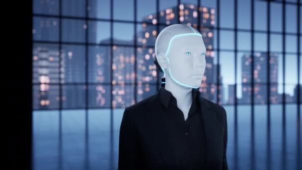 Egy Robot Humanoid Aki Üres Irodában Nagyvárosra Néz Ablakon Jövőbeli — Stock videók