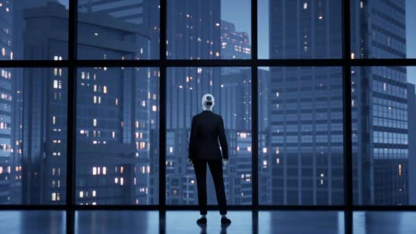 사무실에 머물면서 도시의 창문을 바라보는 인간성 미래의 — 비디오