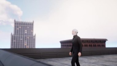 Binaların çatısında kadın bir insansı robot büyük şehre bakıyor. gelecek teknoloji konsepti.