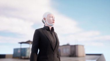 Binaların çatısında kadın bir insansı robot büyük şehre bakıyor. gelecek teknoloji konsepti.