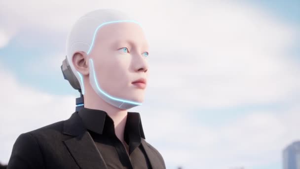 Een Vrouwelijke Humanoïde Robot Het Dak Van Het Gebouw Kijkend — Stockvideo