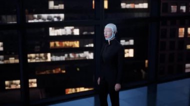 Boş ofiste kalan ve pencereden büyük şehre bakan bir insansı robot. gelecek teknoloji konsepti.