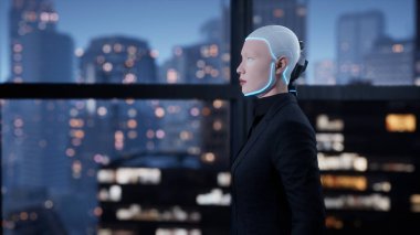 Boş ofiste kalan ve büyük gece şehrinin penceresinden dışarı bakan bir insansı robot. gelecek teknoloji konsepti.