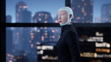 Boş ofiste kalan ve büyük gece şehrinin penceresinden dışarı bakan bir insansı robot. gelecek teknoloji konsepti.