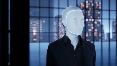 Boş ofiste kalan ve büyük gece şehrinin penceresinden dışarı bakan bir insansı robot. gelecek teknoloji konsepti.