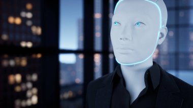 Boş ofiste kalan ve büyük gece şehrinin penceresinden dışarı bakan bir insansı robot. gelecek teknoloji konsepti.