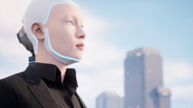 Binaların çatısında kadın bir insansı robot büyük şehre bakıyor. gelecek teknoloji konsepti.