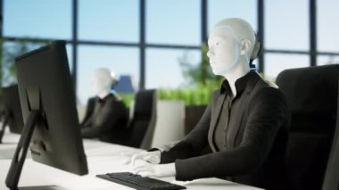 Modern ofiste çalışan insansı robotların 3D animasyonu, gelecek konsepti.
