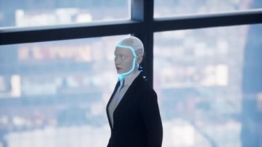 Boş ofiste kalan ve pencereden büyük şehre bakan bir insansı robot. gelecek teknoloji konsepti.