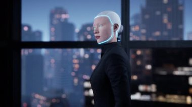 Boş ofiste kalan ve pencereden büyük şehre bakan bir insansı robot. gelecek teknoloji konsepti.