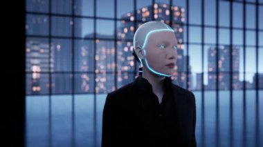 Boş ofiste kalan ve pencereden büyük şehre bakan bir insansı robot. gelecek teknoloji konsepti.