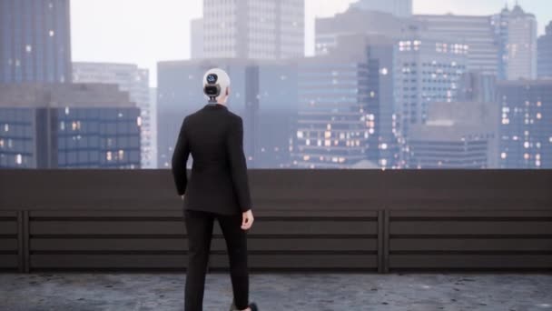 도시를 바라보는 지붕에 인간형 로봇입니다 미래의 — 비디오