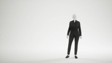 Stüdyodaki Cyborg. Siyah takım elbiseli kadın robot. Robotlaştırma kavramı, insan işçiliğinin değişimi. Robotlar işleri işgal eder. Gerçekçi sayborg yüz, modern illüstrasyon.