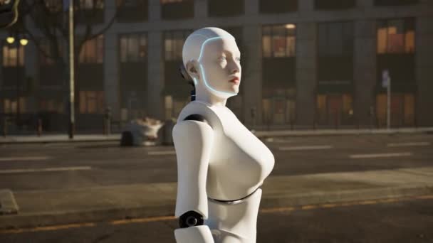 Kvinnlig Robot Som Går Längs Gata Storstad Humanoid Robot Korsar — Stockvideo