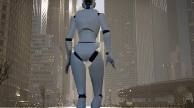 Dişi robot büyük bir şehirde cadde boyunca yürüyor. İnsansı yapay zeka robot caddeyi geçiyor. 3D animasyon. gelecekteki otomasyon işi