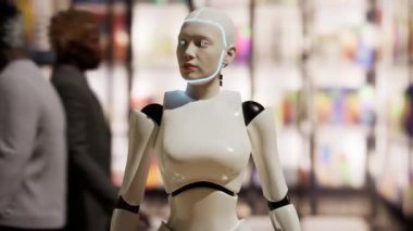 Kadın robot büyük bir şehirde bir caddede kalıyor ve etrafa bakınıyor. İnsanlar arasında insansı yapay zeka robotu. 3D animasyon. gelecek konsept.
