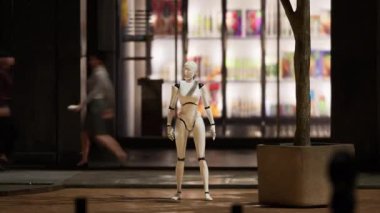 Kadın robot büyük bir şehirde bir caddede kalıyor ve etrafa bakınıyor. İnsanlar arasında insansı yapay zeka robotu. 3D animasyon. gelecek konsept.