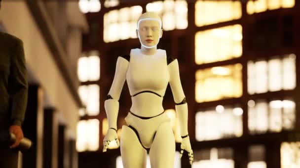 Женщина Робот Идущая Улице Большом Городе Робот Гуманоид Переходящий Улицу — стоковое видео
