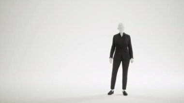 Stüdyodaki Cyborg. Siyah takım elbiseli kadın robot. Robotlaştırma kavramı, insan işçiliğinin değişimi. Robotlar işleri işgal eder. Gerçekçi sayborg yüz, 3 boyutlu canlandırma..