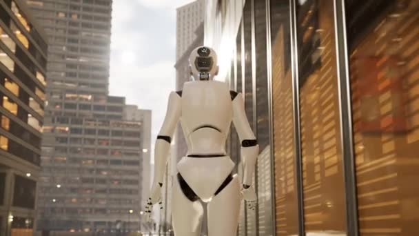Robot Feminin Mergând Lungul Unei Străzi Într Oraș Mare Robot — Videoclip de stoc