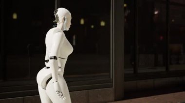 Dişi robot büyük bir şehirde cadde boyunca yürüyor. İnsansı yapay zeka robot caddeyi geçiyor. 3D animasyon. gelecekteki otomasyon işi
