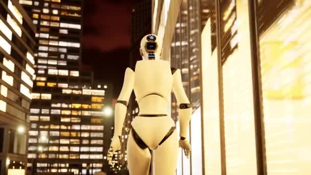在大城市的街道上行走的女机器人 人形人工智能机器人穿过街道 3D动画 未来自动化工作 — 图库视频影像