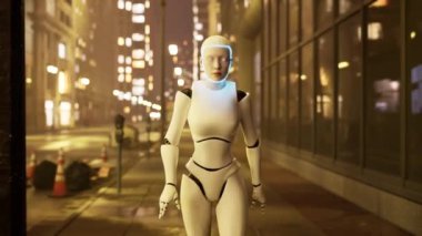 Dişi robot büyük bir şehirde cadde boyunca yürüyor. İnsansı yapay zeka robot caddeyi geçiyor. 3D animasyon. gelecekteki otomasyon işi
