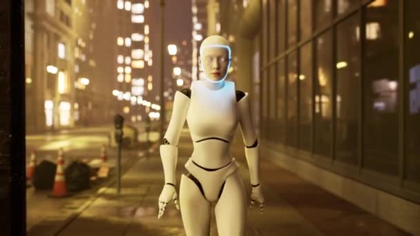 Vrouwelijke Robot Loopt Langs Een Straat Een Grote Stad Mensachtige — Stockvideo