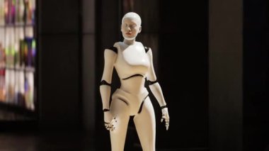 Kadın robot büyük bir şehirde bir caddede kalıyor ve etrafa bakınıyor. İnsanlar arasında insansı yapay zeka robotu. 3D animasyon. gelecek konsept.