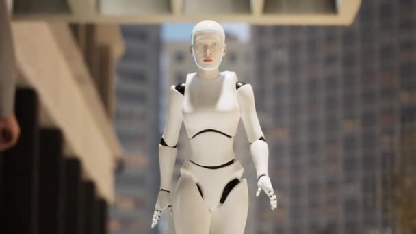 在大城市的街道上行走的女机器人 人形人工智能机器人穿过街道 3D动画 未来自动化工作 — 图库视频影像