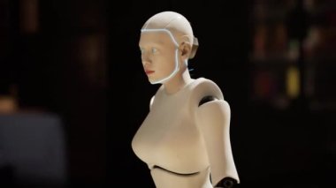 Dişi robot büyük bir şehirde cadde boyunca yürüyor. İnsansı yapay zeka robot caddeyi geçiyor. 3D animasyon. gelecekteki otomasyon işi