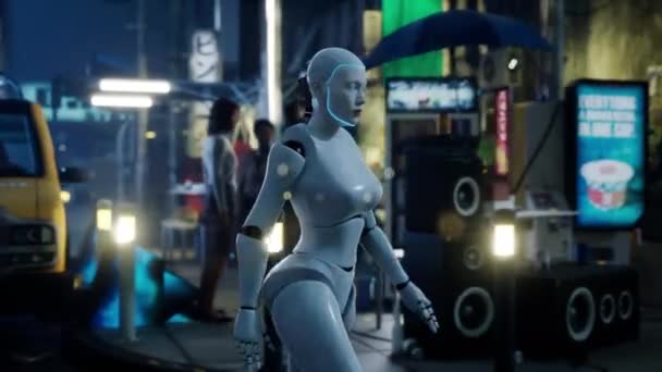 Robotka Kráčející Ulici Velkém Městě Humanoidní Umělý Robot Přecházející Ulici — Stock video