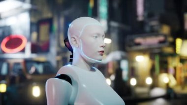 Dişi robot büyük bir şehirde cadde boyunca yürüyor. İnsansı yapay zeka robot caddeyi geçiyor. 3D animasyon. gelecekteki otomasyon işi