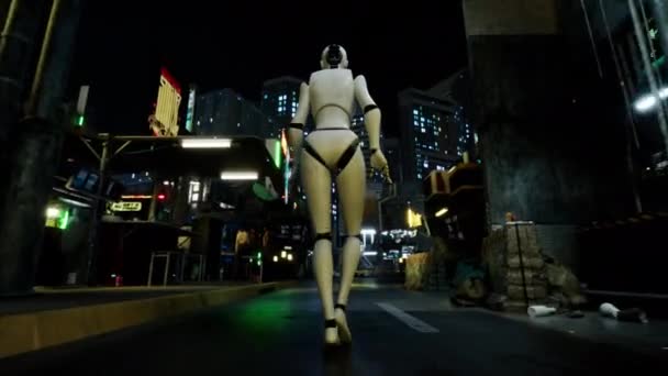 Θηλυκό Ρομπότ Περπατά Κατά Μήκος Ενός Δρόμου Μια Μεγάλη Πόλη — Αρχείο Βίντεο
