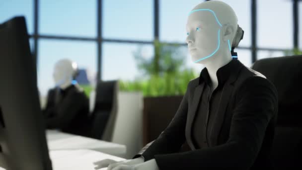 Animasi Robot Humanoid Bekerja Kantor Modern Konsep Masa Depan — Stok Video