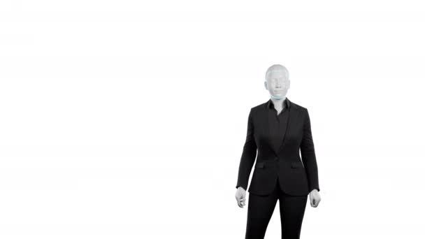 工作室里的机器人 身穿黑色西服的男性机器人 机器人化的概念 人工的替代 机器人在工作 真实感机器人脸3D渲染动画 — 图库视频影像