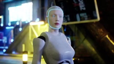 Dişi robot büyük bir şehirde cadde boyunca yürüyor. İnsansı yapay zeka robot caddeyi geçiyor. 3D animasyon. gelecekteki otomasyon işi