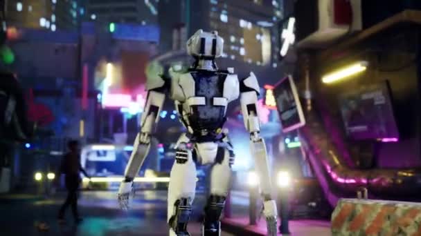 Roboter Der Eine Straße Einer Großstadt Entlangläuft Humanoide Roboter Überqueren — Stockvideo