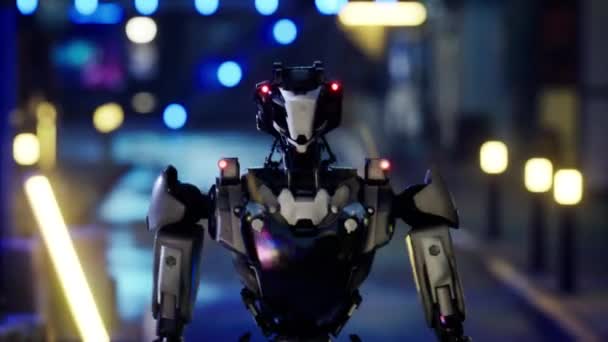 Roboter Der Eine Straße Einer Großstadt Entlangläuft Humanoide Roboter Überqueren — Stockvideo