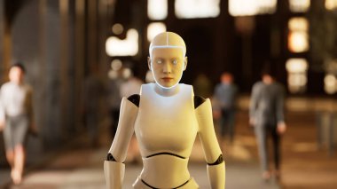 Dişi robot büyük bir şehirde cadde boyunca yürüyor. İnsansı yapay zeka robot caddeyi geçiyor. 3 boyutlu görüntüleme. gelecekteki otomasyon işi