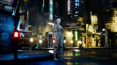 Dişi robot büyük bir şehirde cadde boyunca yürüyor. İnsansı yapay zeka robot caddeyi geçiyor. 3 boyutlu görüntüleme. gelecekteki otomasyon işi
