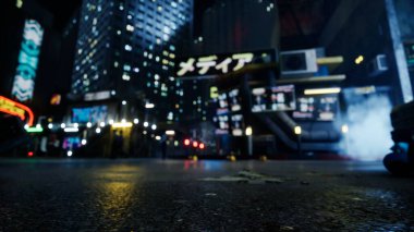 Street in Cybercity, road closeup, people on the blurred background, 3d render. clipart